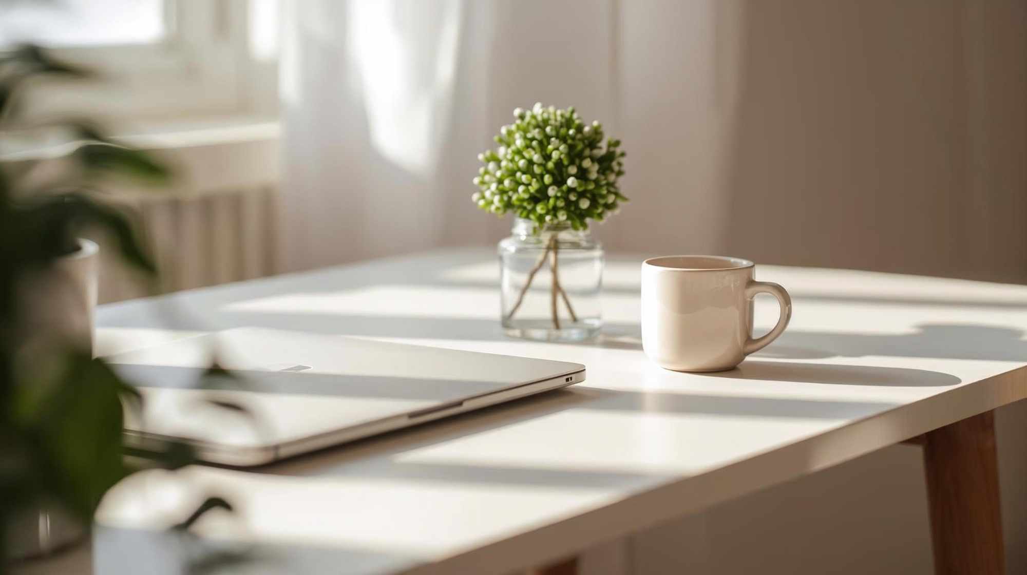Minimal desk setup with soft light illustrating a 3 minute desk calm practice at work