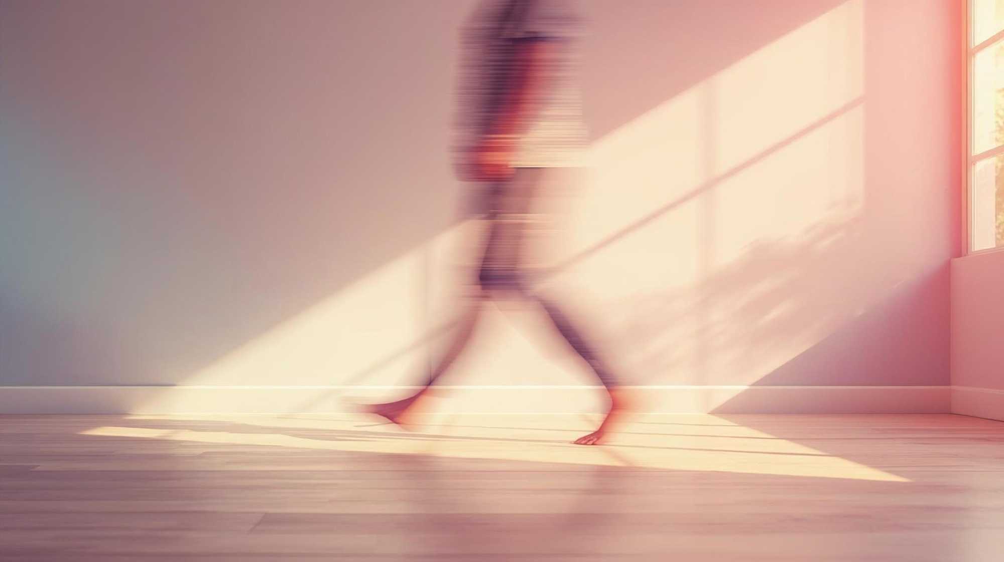 Person practicing meditation without sitting still by walking slowly in a calm, peaceful environment