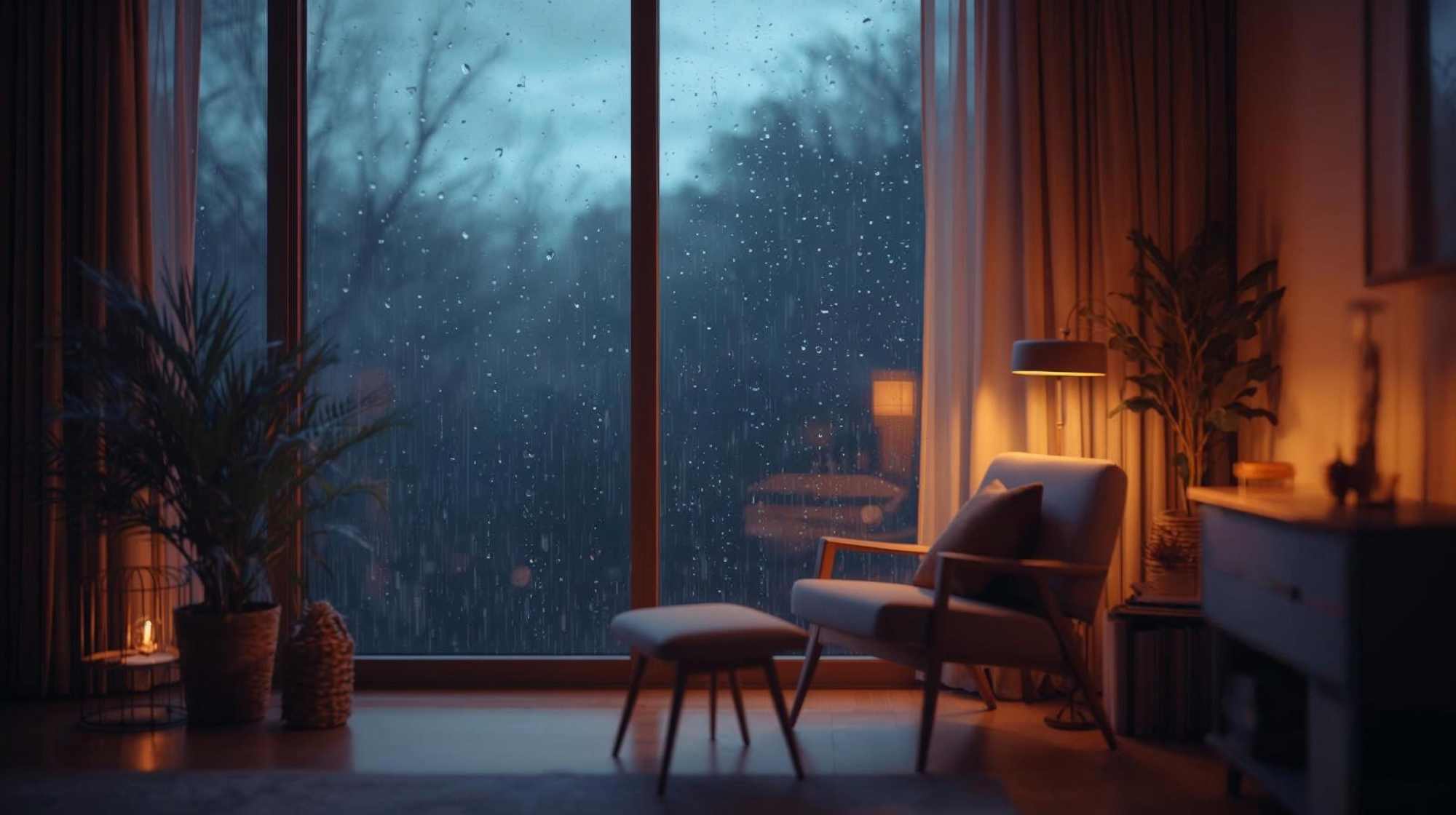 Soft rain falling on a window in a quiet room, creating a calm atmosphere for mindfulness with rain sounds.