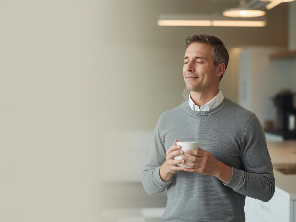Professional taking a quiet mindfulness break in an office break room.