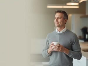 Professional taking a quiet mindfulness break in an office break room.