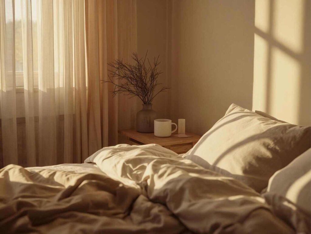 Soft morning light in a cozy minimalist bedroom with sheer curtains, linen bedding, and a mug on the nightstand—calm morning routine vibe with no 5AM hustle.