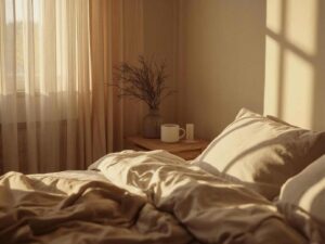 Soft morning light in a cozy minimalist bedroom with sheer curtains, linen bedding, and a mug on the nightstand—calm morning routine vibe with no 5AM hustle.