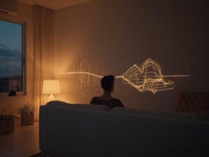 Person relaxing in a softly lit room with subtle background noise representing mindfulness and calm awareness