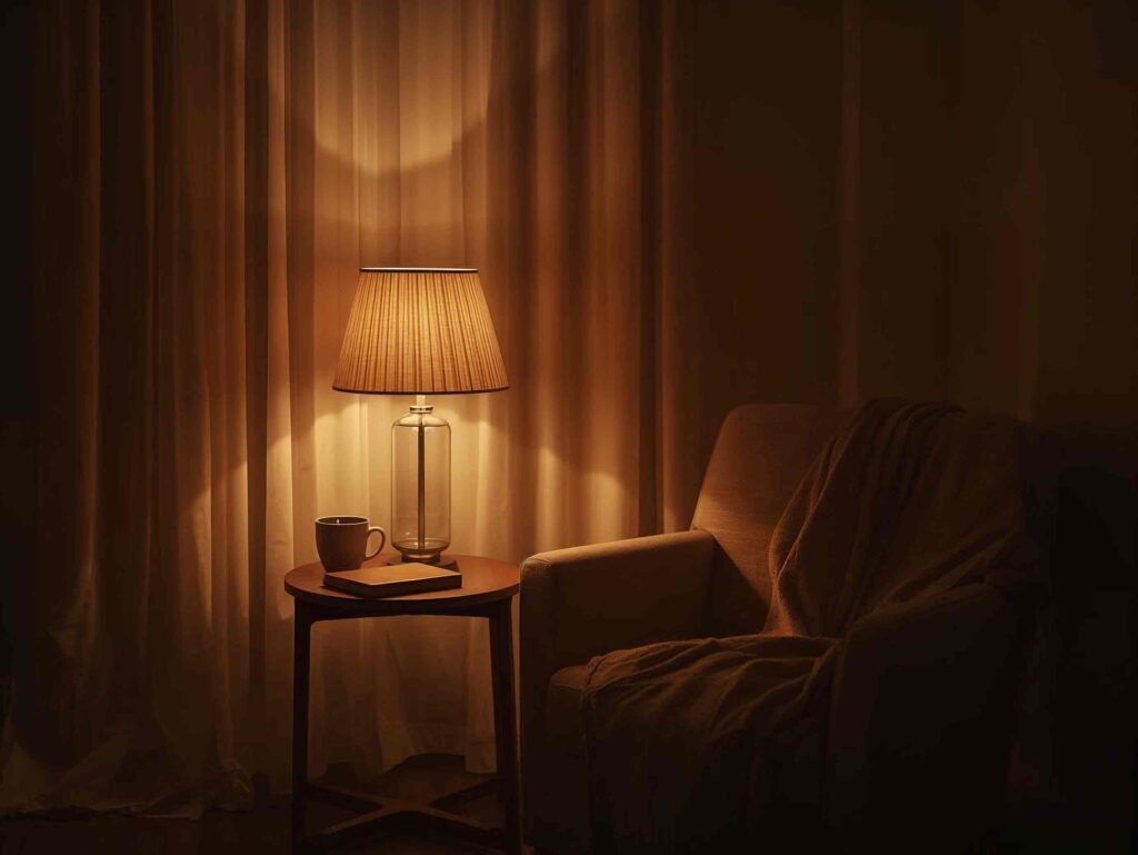 Cozy evening wind-down scene with warm lamp light, soft shadows, armchair, and calm ambient atmosphere for a gentle nighttime routine.