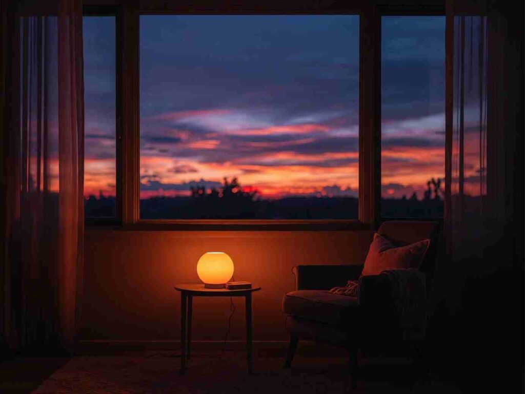 Warm glowing lamp in a cozy dim room at twilight illustrating the Lamp Light Pause evening mindfulness ritual for a calm night wind-down.