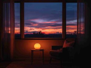 Warm glowing lamp in a cozy dim room at twilight illustrating the Lamp Light Pause evening mindfulness ritual for a calm night wind-down.