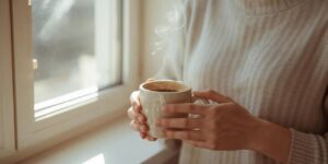Hands holding a warm coffee mug in soft morning light, representing a simple morning mindfulness ritual and gentle start to the day