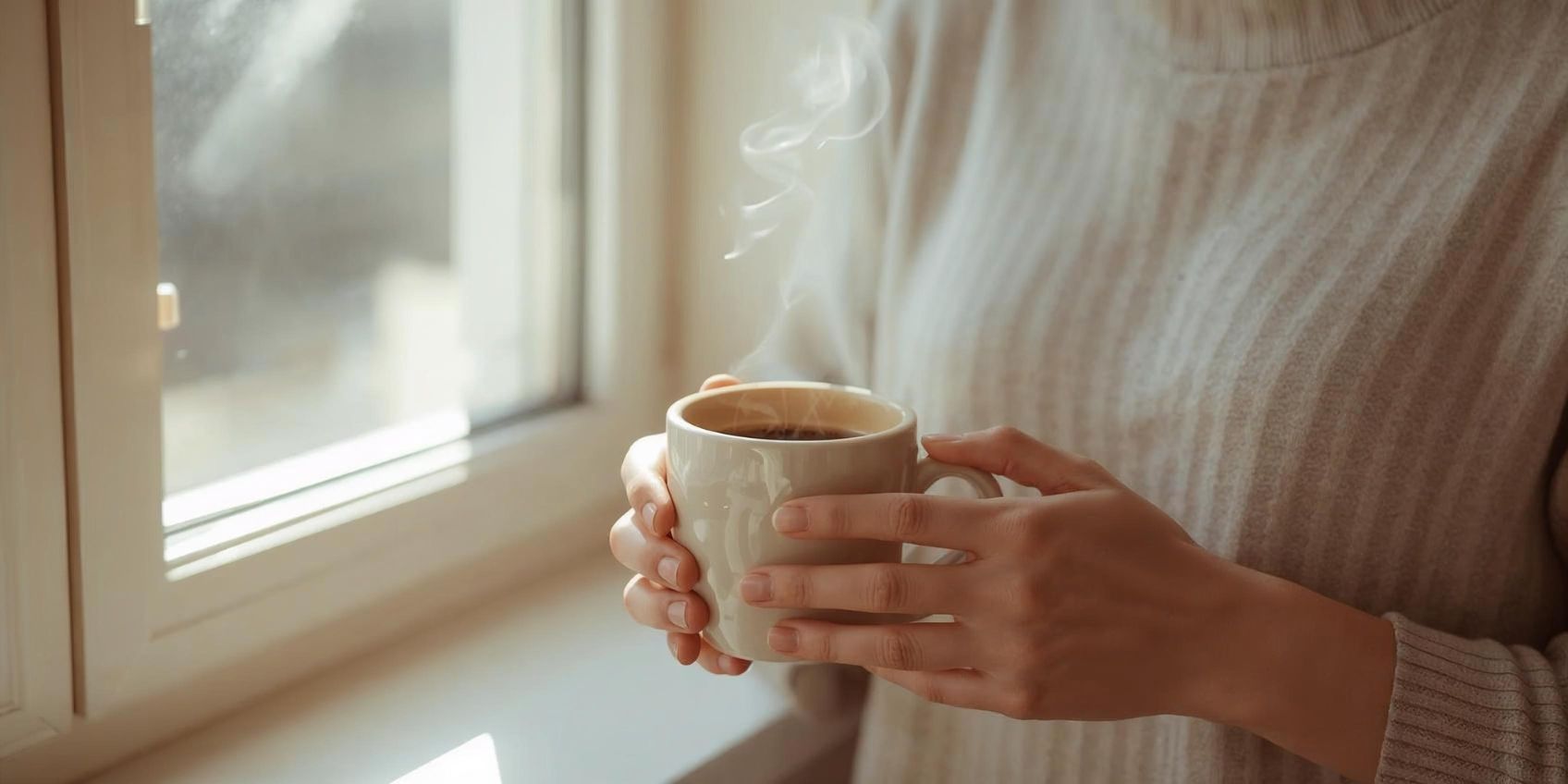 Hands holding a warm coffee mug in soft morning light, representing a simple morning mindfulness ritual and gentle start to the day