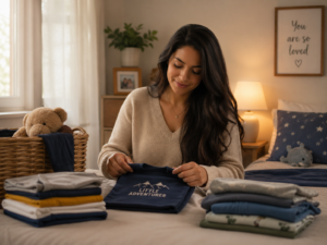 Young loving mother with long dark hair calmly folding her son's clothes in a quiet cozy home, illustrating repetitive motion relaxation and mindful caregiving.