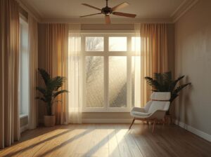 Peaceful sunlit room with cozy chair, soft curtains, and gentle ambient atmosphere representing room tone mindfulness and calm.