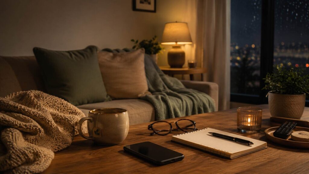 Cozy evening living room with warm lamp lighting, herbal tea, smartphone, notebook, glasses, and soft blanket arranged on a coffee table, representing decision fatigue and a calming nighttime routine.