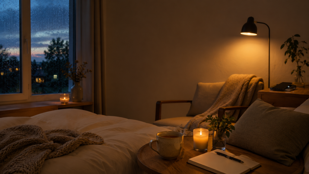 Cozy evening bedroom with warm lamp light, candle, journal, tea, rain on the window, and a phone set aside for a gentle closure ritual.