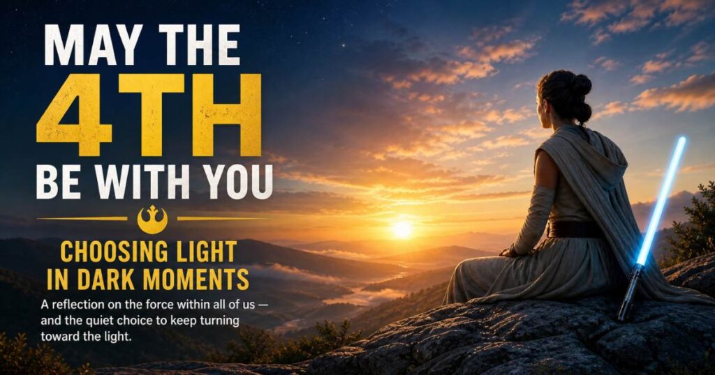 May the 4th be with you sunrise scene with a person reflecting on a mountain choosing light in dark moments mindfulness and inner peace concept