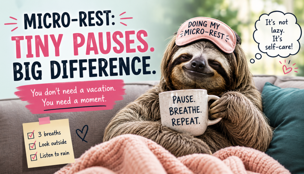 "Smiling sloth wearing a sleep mask labeled 'Doing My Micro-Rest' while relaxing on a couch with a coffee mug that says 'Pause. Breathe. Repeat.' illustrating how small moments of recovery and micro-rest can reduce stress throughout the day."