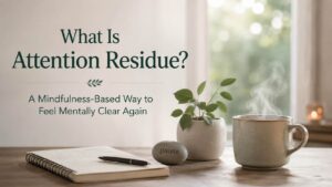 Calm minimalist workspace with warm tea, soft natural light, and peaceful mindfulness setting representing attention residue, mental clarity, and focus reset.