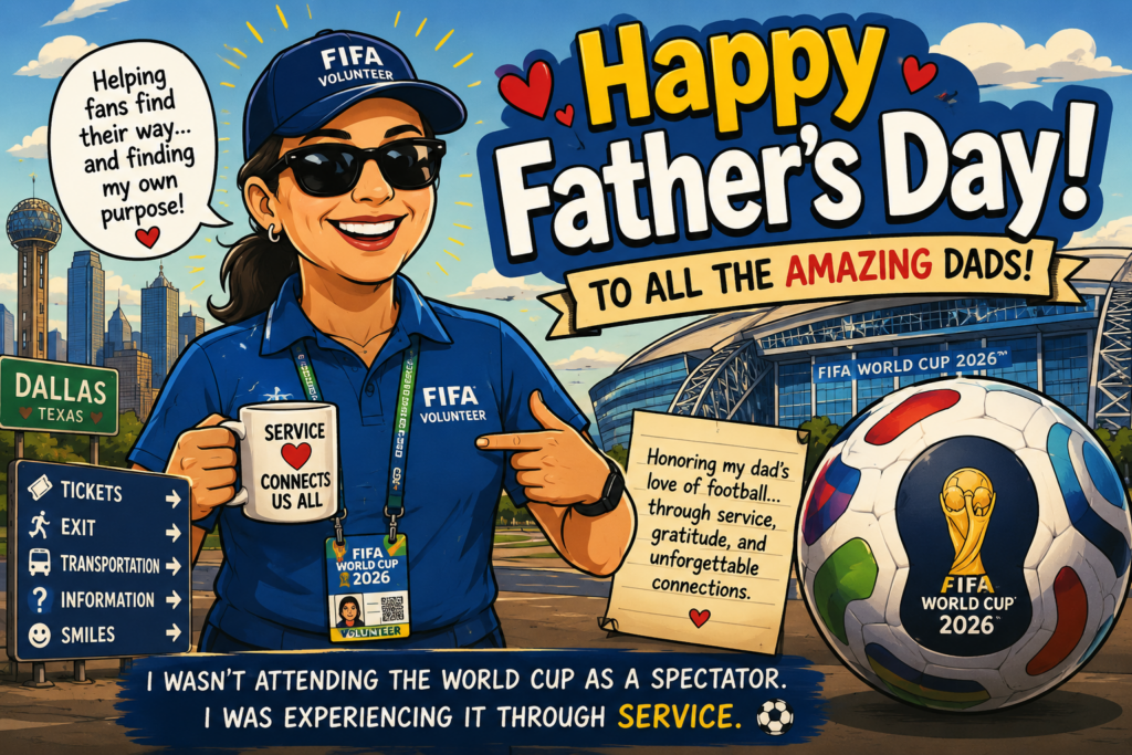 Cartoon FIFA volunteer in Dallas celebrating Father’s Day with a soccer ball, honoring her father’s love of football through service.