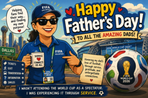 Cartoon FIFA volunteer in Dallas celebrating Father’s Day with a soccer ball, honoring her father’s love of football through service.