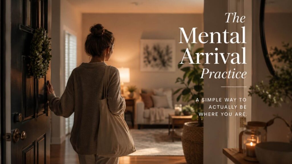 A woman pauses at the doorway of a warm, softly lit home, symbolizing the Mental Arrival Practice and the quiet moment when the mind catches up with the body.