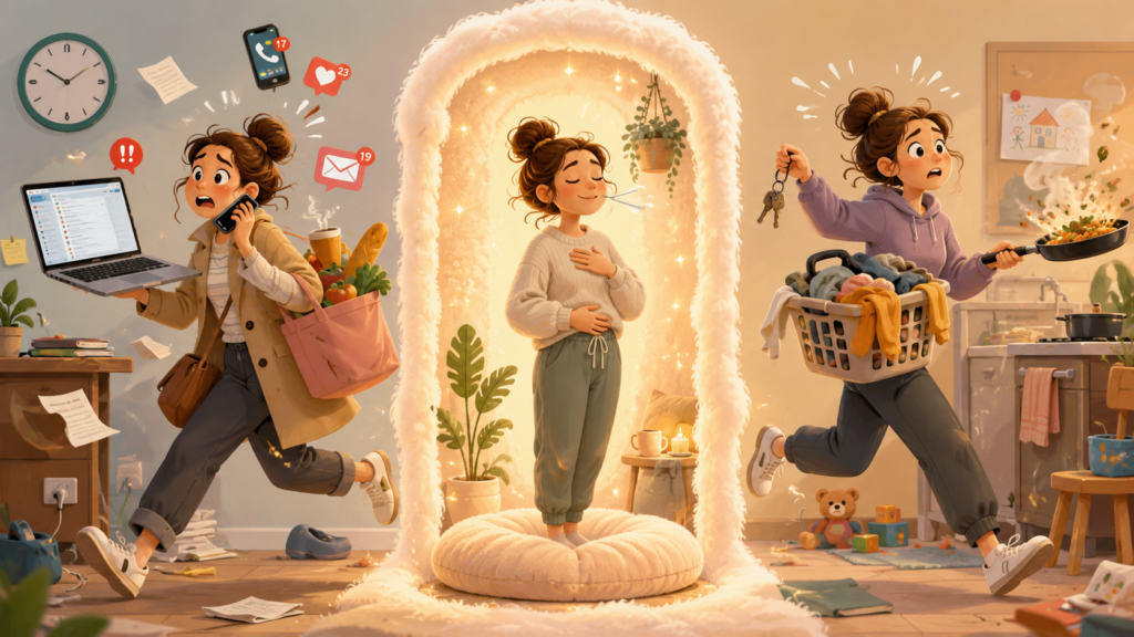 Funny illustration of a busy woman rushing between work, errands, laundry, and dinner while pausing calmly inside a soft glowing buffer between activities.