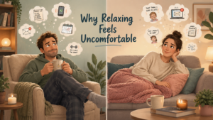 Split-scene illustration of a man and woman trying to relax at home while playful thought bubbles show busy thoughts, emails, lists, and awkward memories.