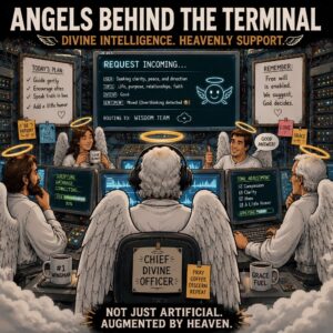 Funny illustration of angels working behind ChatGPT, symbolizing how God may use modern technology to inspire spiritual questions.
