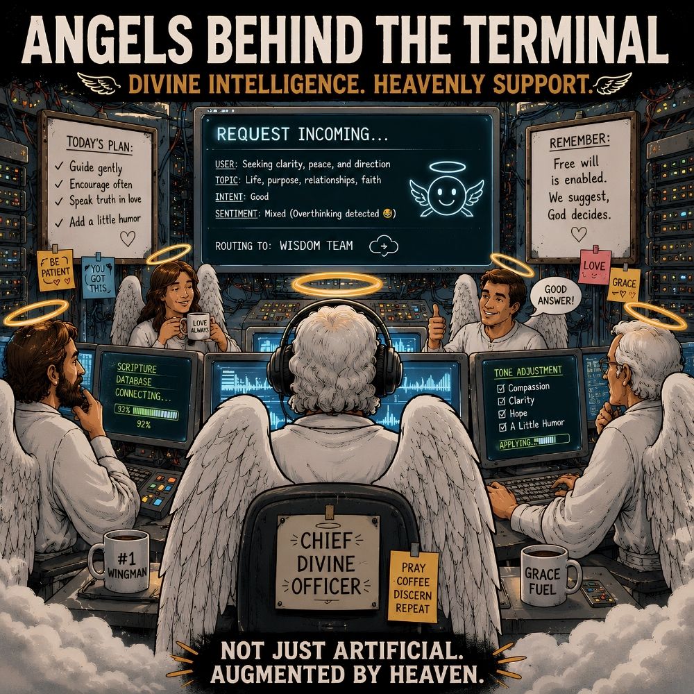 Funny illustration of angels working behind ChatGPT, symbolizing how God may use modern technology to inspire spiritual questions.