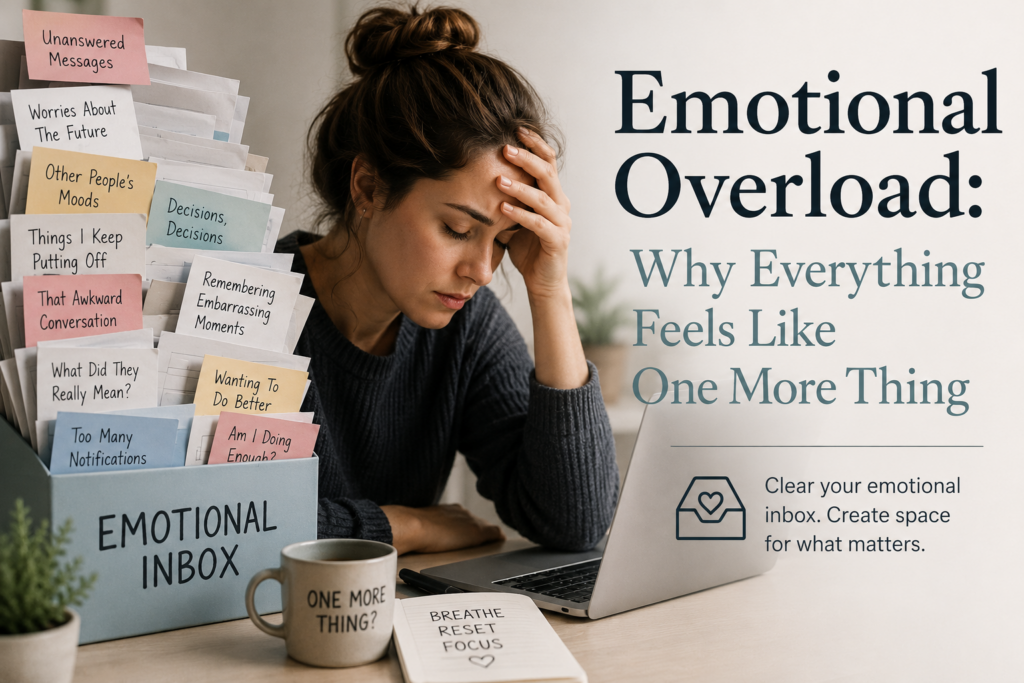 Woman feeling emotionally overloaded beside a box filled with notes representing worries, unanswered messages, decisions, and daily mental clutter.