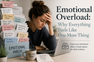 Woman feeling emotionally overloaded beside a box filled with notes representing worries, unanswered messages, decisions, and daily mental clutter.
