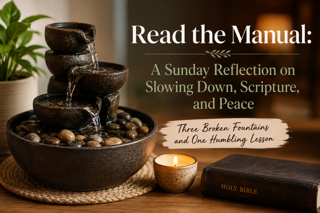 Tabletop fountain beside a Bible and candle illustrating a Sunday reflection on slowing down, Scripture, and peace.