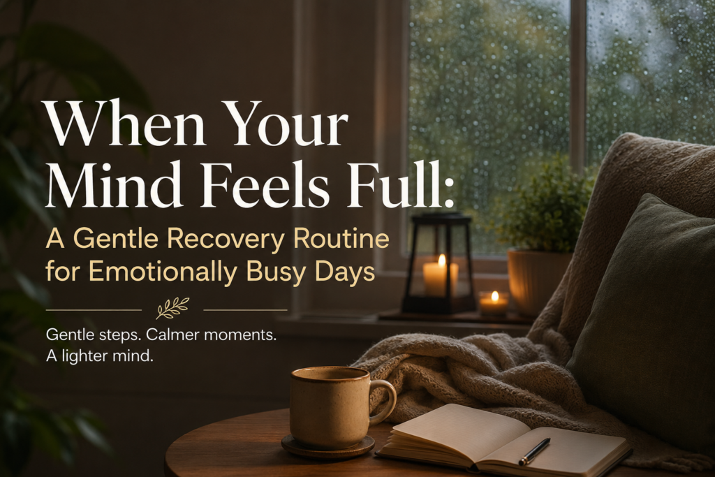 Cozy evening recovery space with a blanket chair, tea, journal, candle, and rain-covered window for a gentle routine when your mind feels full.