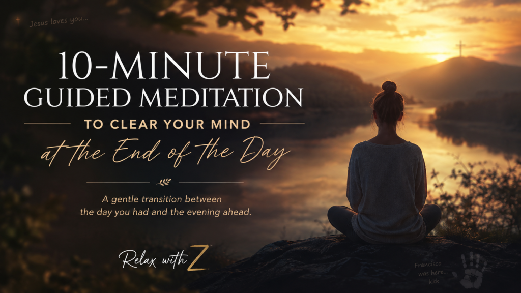 Woman meditating beside calm water at sunset for a 10-minute guided meditation to clear your mind at the end of the day, with subtle Christian details in the background.