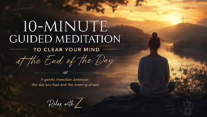 Woman meditating beside calm water at sunset for a 10-minute guided meditation to clear your mind at the end of the day, with subtle Christian details in the background.