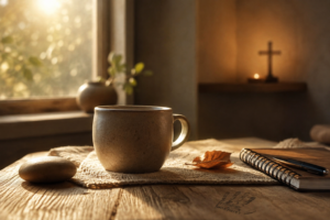Calm object meditation scene with a coffee mug, stone, notebook and soft sunlight, with a subtle cross in the background.