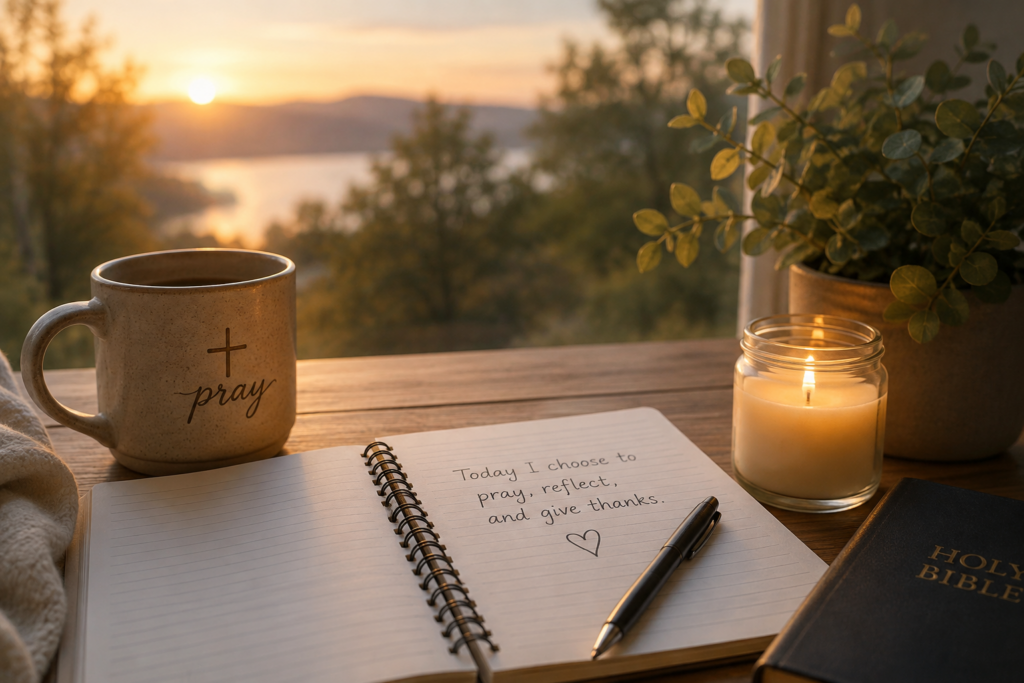 Peaceful prayer journaling scene with an open journal, Bible, candle, coffee mug, and warm sunrise, representing prayer, reflection, and gratitude.