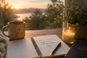 Peaceful prayer journaling scene with an open journal, Bible, candle, coffee mug, and warm sunrise, representing prayer, reflection, and gratitude.