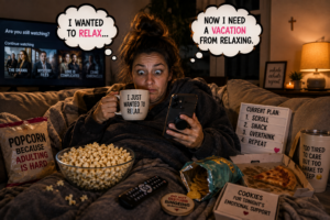 Exhausted woman on a couch scrolling her phone while binge-watching television, surrounded by popcorn and snacks, humorously realizing she needs a vacation from relaxing, with a small Jesus sign and cross in the background.