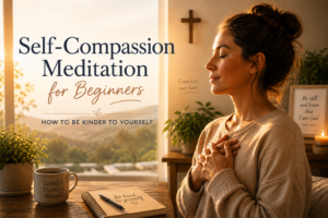Woman practicing self-compassion meditation with hands over heart in a calm sunlit room