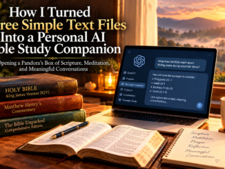 A cozy Bible study workspace featuring the King James Bible, Matthew Henry’s Commentary, The Bible Unpacked, and a laptop displaying an AI Bible study companion. Warm sunrise, a cross in the distance, and a hidden handprint reading “Francisco was here...” create a peaceful atmosphere for Scripture, meditation, and reflection.