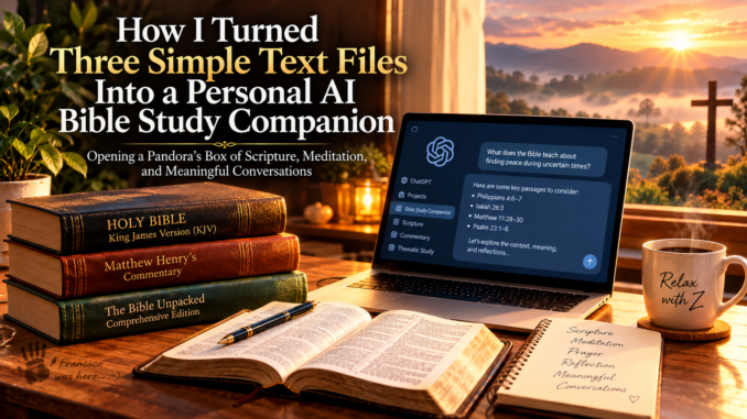 A cozy Bible study workspace featuring the King James Bible, Matthew Henry’s Commentary, The Bible Unpacked, and a laptop displaying an AI Bible study companion. Warm sunrise, a cross in the distance, and a hidden handprint reading “Francisco was here...” create a peaceful atmosphere for Scripture, meditation, and reflection.