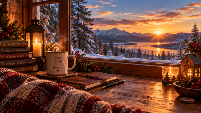 Cozy Christmas scene with a glowing tree, warm lights, a handwritten “Francisco was here” Easter egg, and a tiny hidden cross symbolizing memories, gratitude, and the spirit of giving.