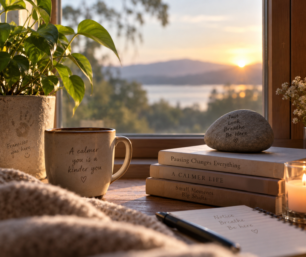 Peaceful sunrise meditation scene with coffee, books, a plant, and subtle “Francisco was here” handprint and tiny cross Easter eggs.