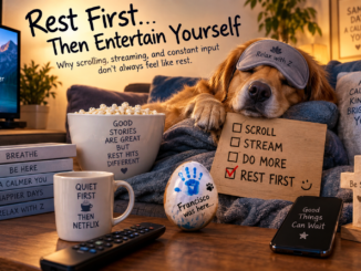 Cozy living room illustrating rest before entertainment, with a sleeping dog, phone, TV remote, coffee mug, and reminder to rest before scrolling or streaming.