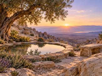Peaceful desert prayer garden at sunrise with an olive tree, reflecting pool, empty stone bench, and a small cross beside a five-finger handprint.
