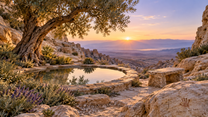 Peaceful desert prayer garden at sunrise with an olive tree, reflecting pool, empty stone bench, and a small cross beside a five-finger handprint.