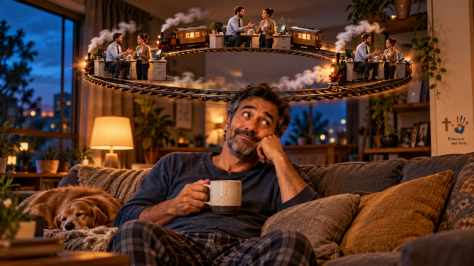 Man relaxing on a sofa beneath a miniature train looping through repeated workplace conversations, illustrating overthinking a conversation.