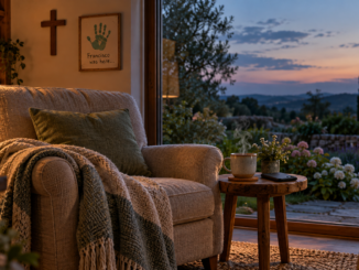 Empty armchair beside a garden window at dusk, with warm tea, a phone set aside, a wooden cross, and a framed “Francisco was here...” handprint.