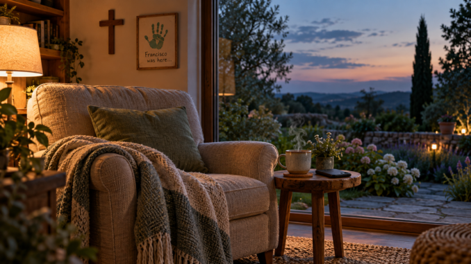 Empty armchair beside a garden window at dusk, with warm tea, a phone set aside, a wooden cross, and a framed “Francisco was here...” handprint.