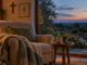 Empty armchair beside a garden window at dusk, with warm tea, a phone set aside, a wooden cross, and a framed “Francisco was here...” handprint.
